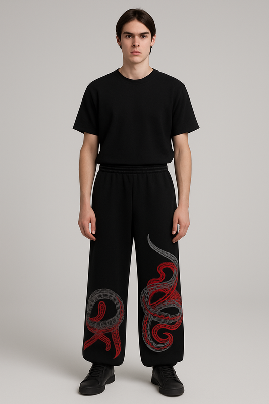Crimson Serpent Dragon Wide-Leg Baggy Pants